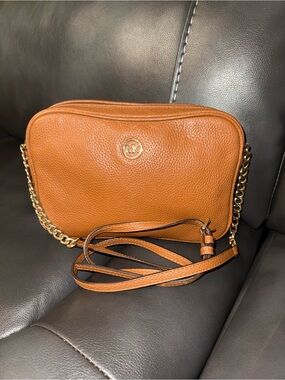Michael Kors Caramel Brown Pebbled Leather Crossbody with Gold Chain